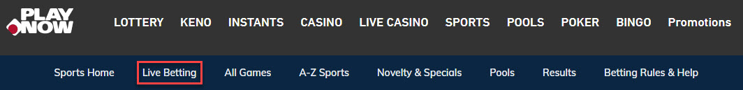 Live betting button on nav highlighted